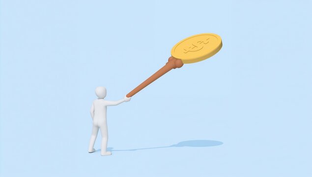3D Illustration of a Person Holding a Large Coin on a Stick Against Light Blue Background