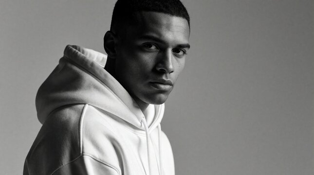Serious young man in white hoodie looks at camera. Portrait of male model with short hair wearing casual sweatshirt. Studio headshot with moody lighting on grey background. Guy shows intense gaze,