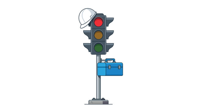 Traffic Light Maintenance and Construction Concept Illustration with Hard Hat and Toolbox