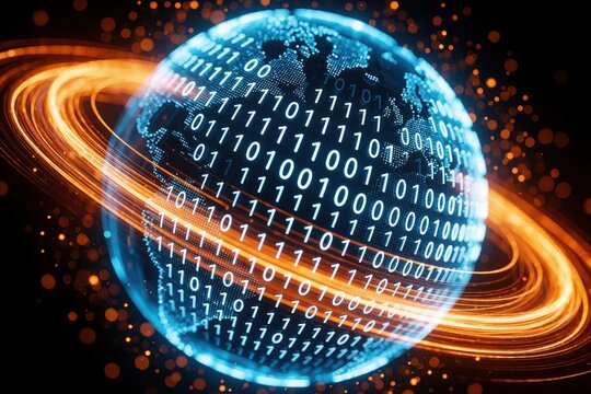 Glowing blue digital globe with binary code numbers on surface. Orange light trails circle around world map sphere. Abstract data network concept shows global internet connection, cyber security, big