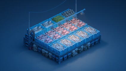 Obraz premium Seafood distribution on a cargo ship at port with crates of fish and marine catch