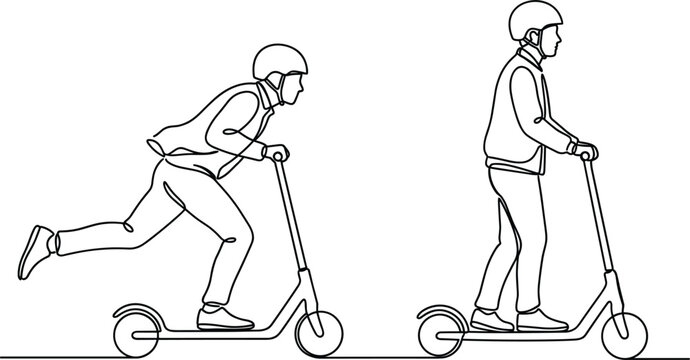 Continuous line drawing of two people wearing helmets riding electric push scooters with one pushing off and one coasting