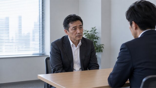Middle Aged Japanese Job Seeker in Serious Employment Interview