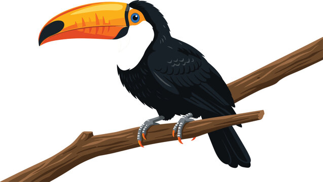 Cute cartoon toco toucan bird with large orange beak perched on a rustic tree branch vector illustration