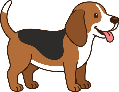 Cute cartoon tricolor beagle puppy dog standing alert with tongue out isolated mascot vector for pet care concepts