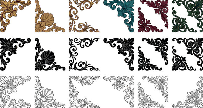 Ornate baroque vintage vector corner elements set featuring gold acanthus leaf scrolls seashell borders silhouettes and line art outlines