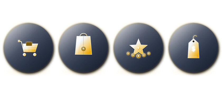 Retail Shopping Cart Gift Bag and Discount Tag Icons in 3D Glass.