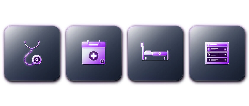 Hospital Clinic Doctor Stethoscope Medical Bed Icons in 3D Glass.