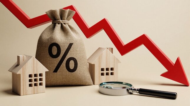 Red arrow points down near burlap sack with percent symbol. Small wooden houses, magnifying glass show falling interest rates. Real estate market crash mortgage rates drop affect housing economy,