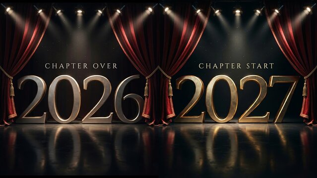 Elegant 2026 to 2027 New Year transition, 3D silver 2026 chapter over and gold 2027 chapter start, luxury theater stage celebration background