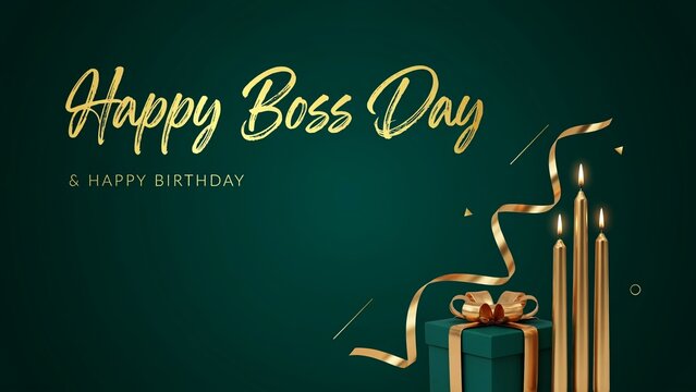 Happy Boss Day greeting banner with gold lettering, luxury green birthday background with gift box and candles, elegant corporate celebration design