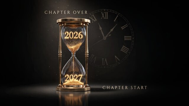 Golden vintage hourglass transition from 2026 to 2027, elegant New Year countdown concept, dark cinematic time background for chapter start