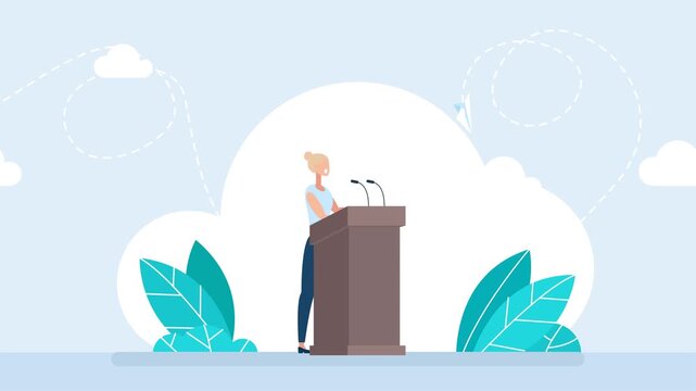 Blond businesswoman speaker giving speech at tribune podium. Public speaking presentation concept, corporate lecture conference, politician report, training coaching seminar. 2d flat animation. Video