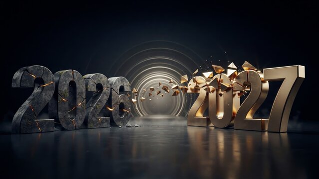 Futuristic 2026 to 2027 New Year transition concept, breaking stone 2026 text with luxury gold 2027 numbers on dark background