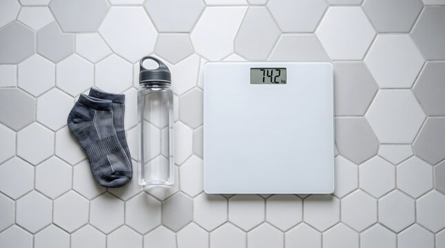 Minimalist digital bathroom scale on tiled floor, reusable water bottle and grey athletic socks, modern weight loss concept photo