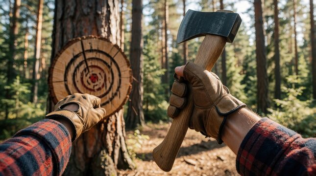 First person view of man aiming axe at wooden target in forest. Person wearing leather gloves, plaid shirt practices axe throwing sport. Outdoor recreation hobby involves skill, accuracy with sharp