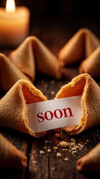 Broken fortune cookie on dark wood table small white paper slip with red word soon. Many cookies around glowing candle create cozy atmosphere. Concept of future prediction, anticipation of news,