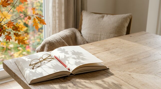 開いた本と眼鏡の秋の読書風景