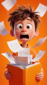 Shocked cartoon boy holds orange folder with white papers flying everywhere. Messy documents fall out of binder in panic. Stressed young student feels overwhelmed by homework exam chaos. Disorganized