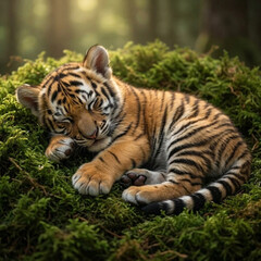 Obraz premium Cute baby tiger sleeping peacefully on green moss in the forest