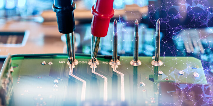 Printed Circuit Board Inspection with Precision Measurement Probes and Futuristic Connectivity Interface for Electronics Testing