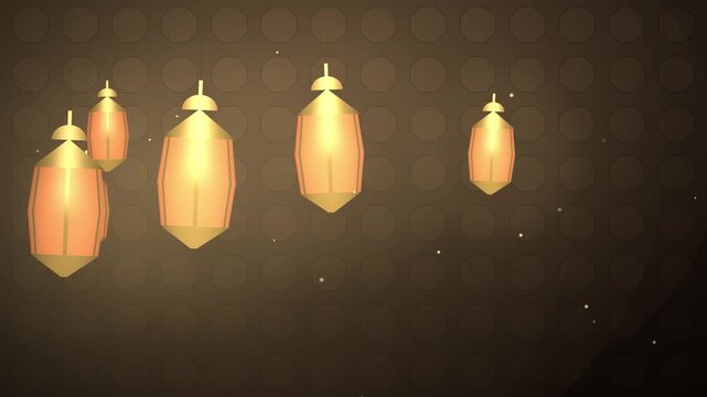 Ramadan Kareem background, hanging gold fanous lanterns before a zellige tiled wall, seamless 4K loop
