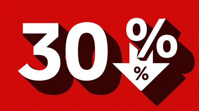 Red background with large white 30 percent discount sign. Big numbers, percentage symbol show special offer. Downward arrow indicates price reduction. Retail sale banner for marketing promo,