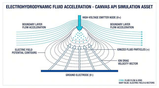 Detailed engineering diagram illustrating electrohydrodynamic fluid acceleration with electric field contours