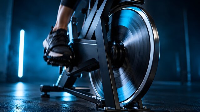 Stationary stationary exercise bike spinning wheel closeup in gym, indoor cycling fitness workout, athletic leg pedaling stationary bike