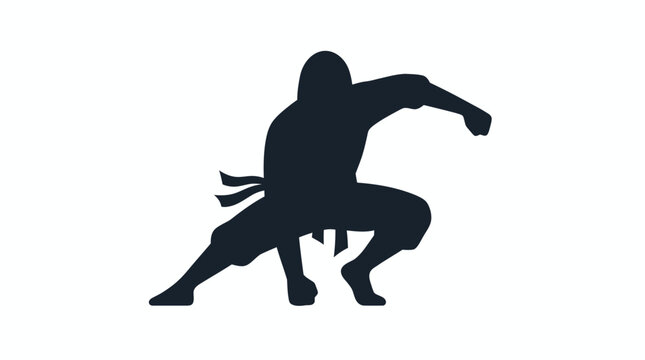 Ninja silhouette in crouching martial arts fighting pose