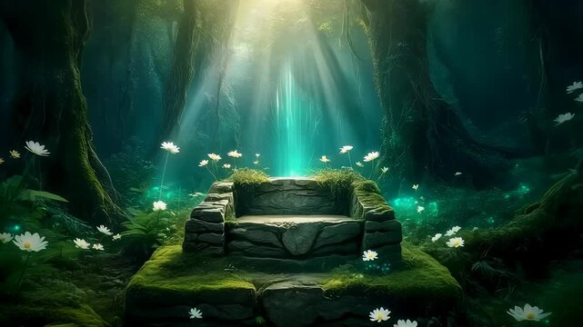 Ancient Stone Altar in a Magical Enchanted Forest with Luminous Light Rays and Glowing Flowers 4K Generative AI