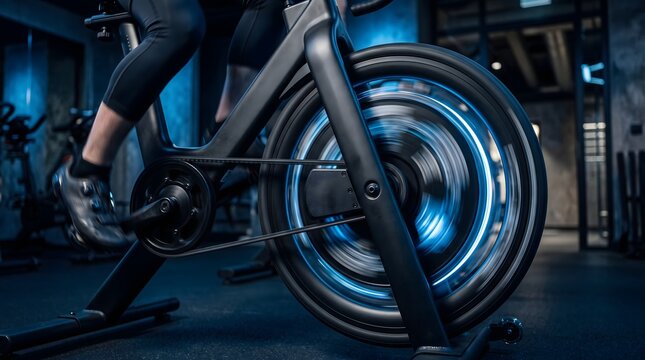 Modern indoor stationary exercise bike close up, high-tech gym cycling equipment with glowing blue neon light wheel, intense workout cardio training concept