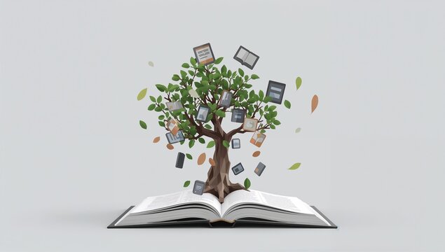 Digital Learning Concept with Growing Tree Emerging from an Open Book