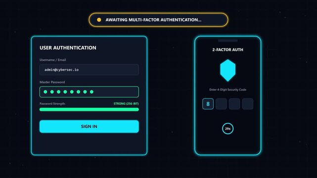 Futuristic user authentication interface with secure login, password validation, and two-factor authentication on dark digital background