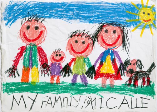 Child's crayon drawing illustrating a smiling family with two parents, two children, and a pet dog