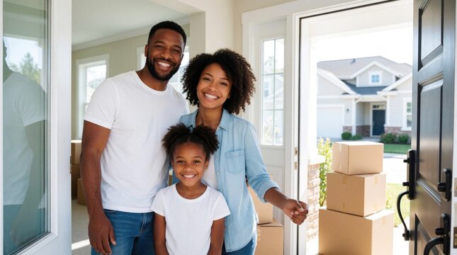 Happy black family of three stands by front door of new house. Smiling father mother, young daughter pose with cardboard moving boxes. Cheerful parents welcome relocation to modern suburban home with