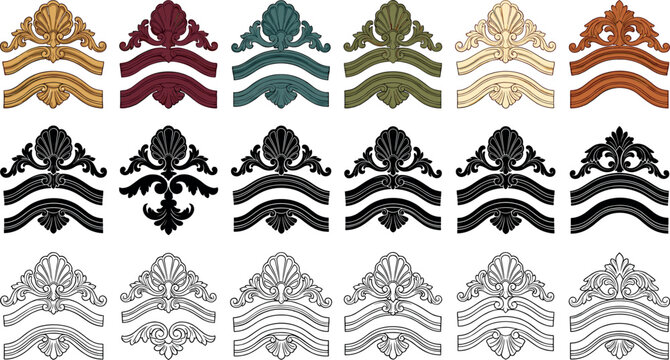 Vintage baroque architectural header vector frames set featuring ornate seashell ribbons curved borders silhouettes and line art outlines