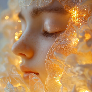 Ethereal Glow: A Dreamlike Portrait of a Woman with Illuminated Flower Petals