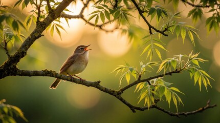 Obraz premium Small nightingale bird perches on tree branch, sings song. Songbird opens beak to chirp during golden hour sunset in spring garden. Wild avian animal sits among green leaves in forest nature setting.