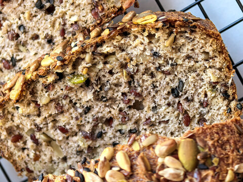 Macro View Of Keto Bread Crumb Filled With Seeds