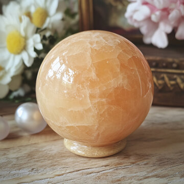 Amber crystal sphere on a wooden stand