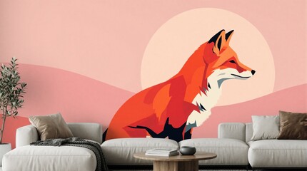 Obraz premium Modern interior living room features large wall mural with red fox portrait. Minimalist style decor includes white sofa, wooden coffee table, potted plant. Stylized animal graphic on pastel pink