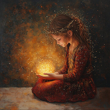 Magical Girl Holding Glowing Orb with Sparkles and Stars