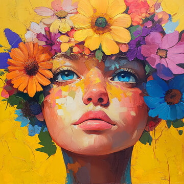 Vibrant Woman with Flower Crown, Artistic Portrait