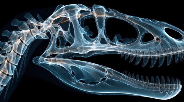 Detailed X-ray illustration of dinosaur skull, neck bones. Blue glowing skeleton shows prehistoric anatomy, teeth structure. Scientific digital render of extinct reptile fossil for biology education