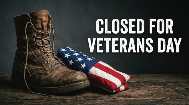 Military boots and american flag honoring veterans day with a closed sign