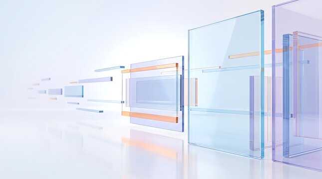 Minimalist 3D render of floating transparent glass rectangles in blue orange and purple colors representing modular components and digital building blocks in software architecture