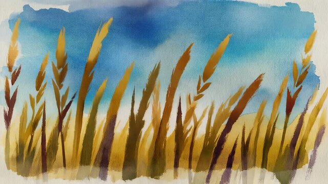Serene Watercolor Painting of Golden Wheat Field Swaying Under a Bright Blue Sky 4K Generative AI