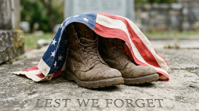 Military boots resting on a weathered wooden surface draped with an american flag