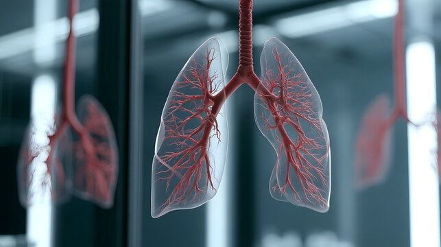 Anatomical illust n of human lungs with visible bronchial tree and vascular network in a clinical setting